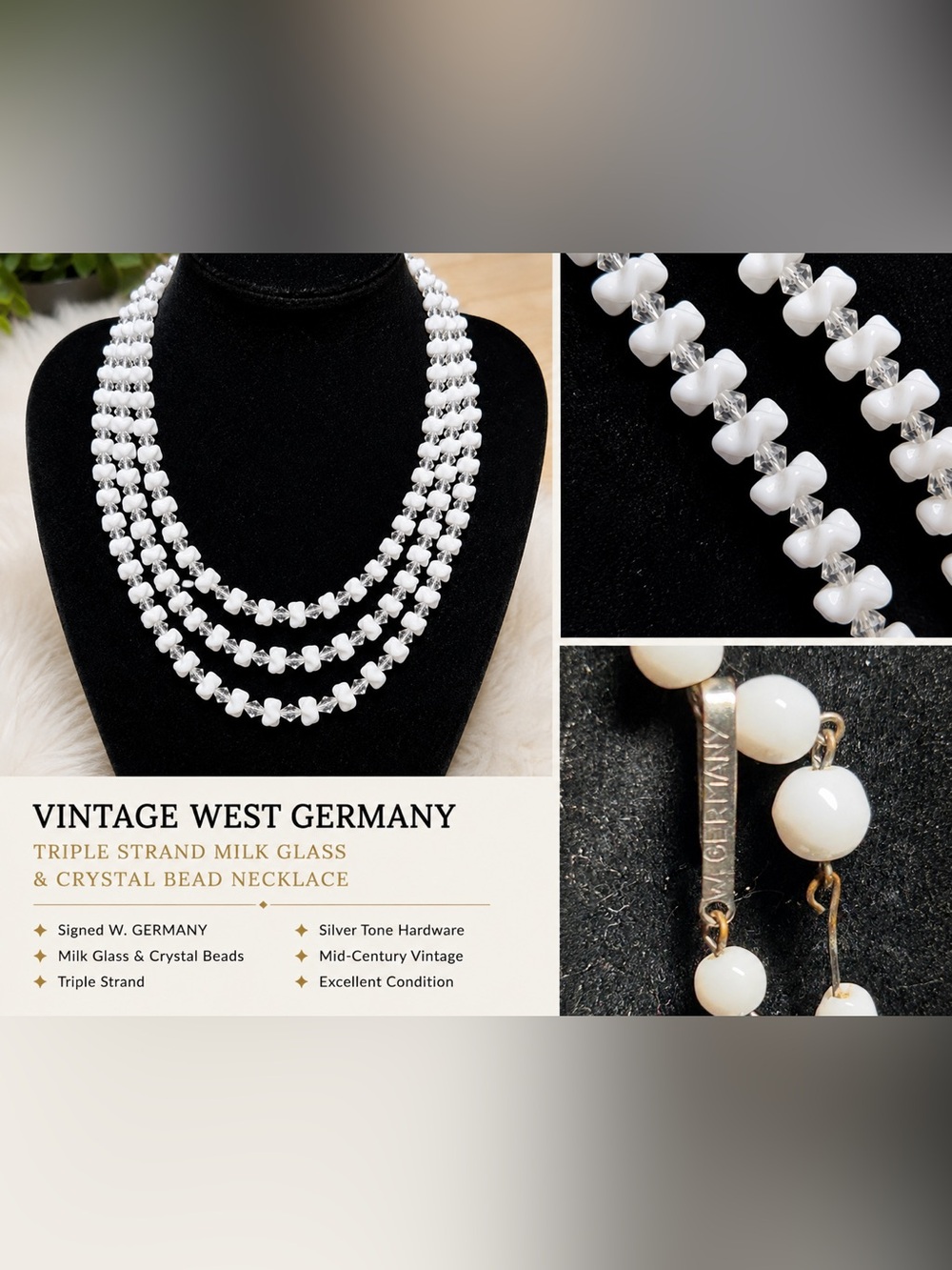 Vintage Triple-Strand White Milk Glass & Crystal Necklace